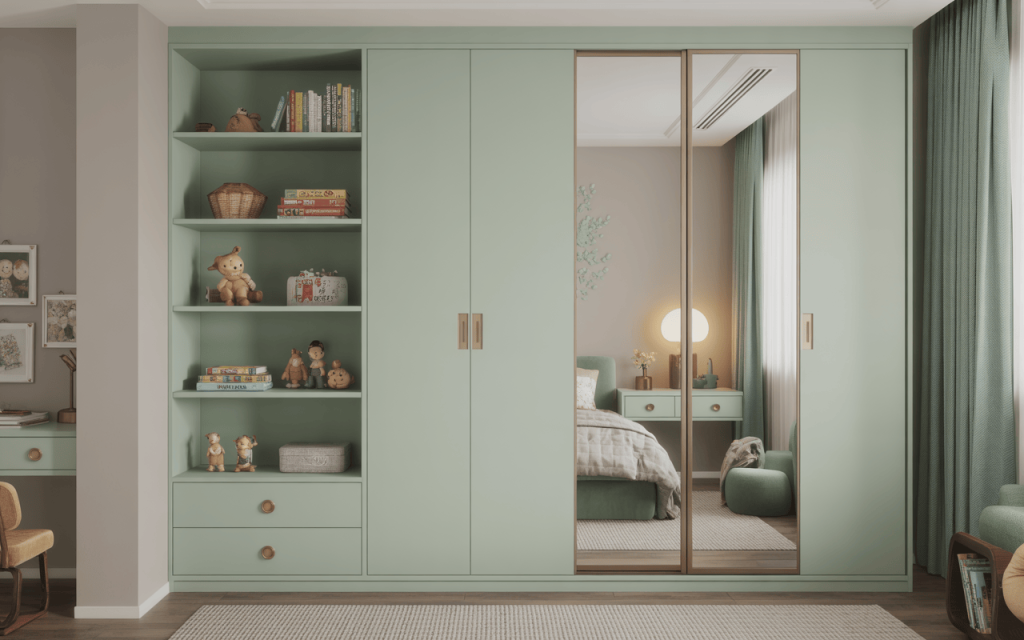 Sleek modern kids bedroom furniture design with mirrored wardrobe and open shelves