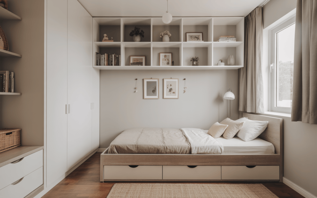 Cozy simple modern kids bedroom design with neutral tones and wall shelves