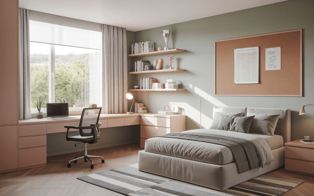 Neat simple modern kids bedroom design with study desk and wall shelves