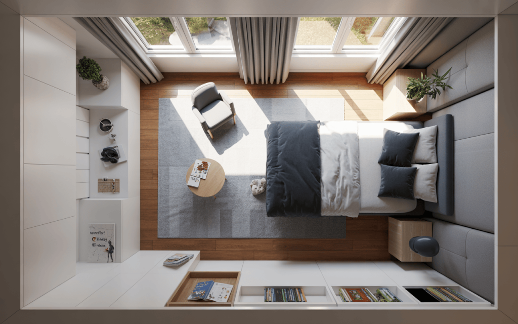 Smart small modern kids bedroom design with built-in storage and cozy reading nook