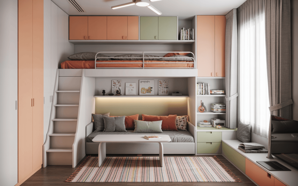 Smart modern kids bedroom design ideas for small spaces with loft and storage