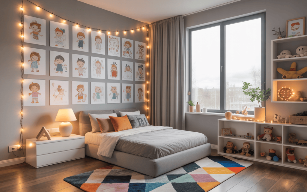 Whimsical modern kids bedroom ideas with fairy lights and cute wall art display