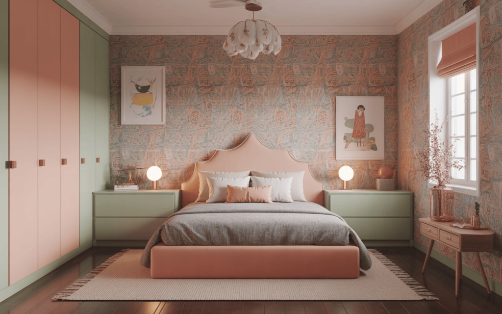 Charming modern kids bedroom design for girl with pastel tones and book shelf vibe