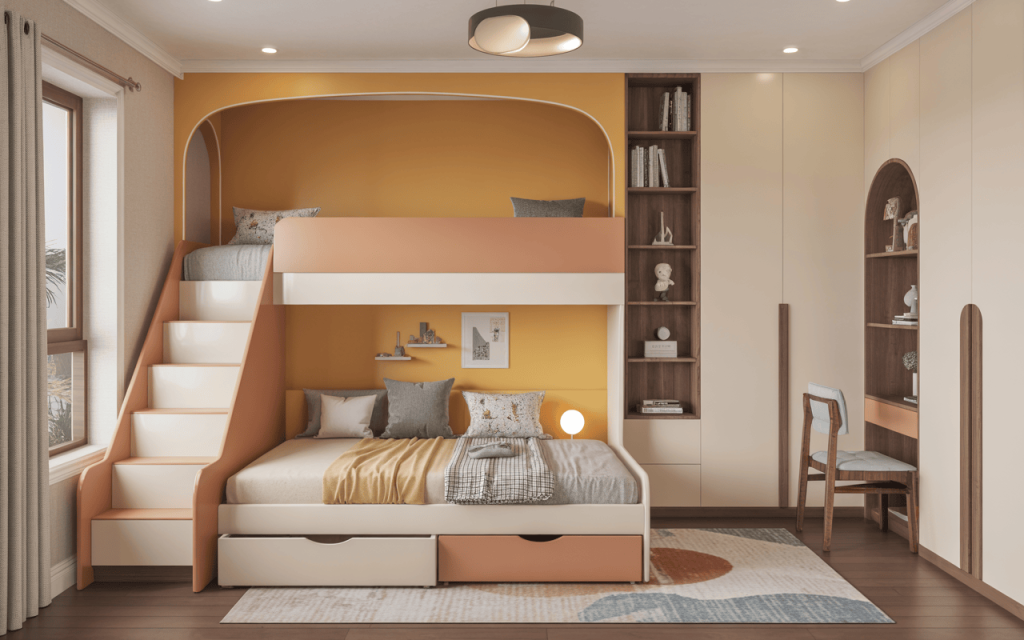 Smart modern kids bedroom design for boy with bunk bed and study nook