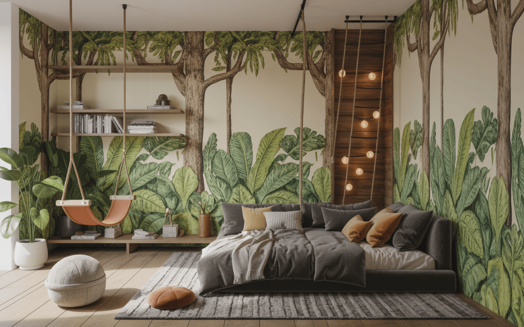 Playful modern kids bedroom interior design with jungle wall art and swing decor