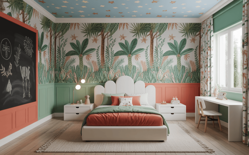 Whimsical modern kids bedroom ideas with jungle wallpaper and playful décor