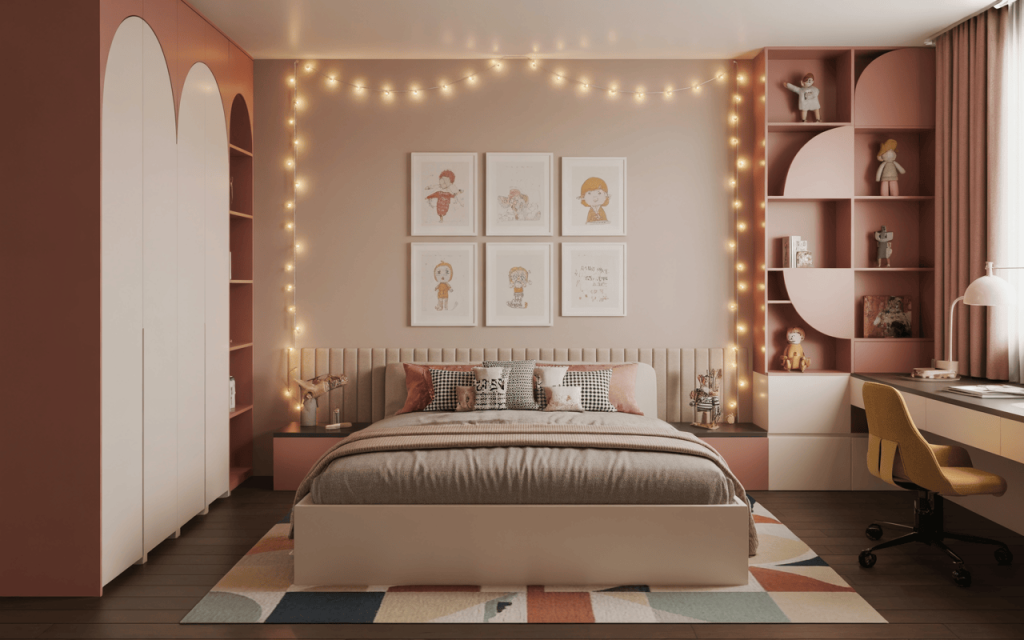 Stylish simple kids bedroom design with fairy lights, modern shelves and cozy workspace