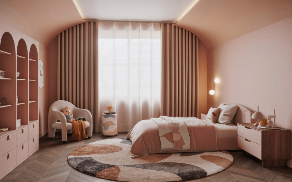 Modern pastel simple kids bedroom design with cozy curved ceiling and stylish furniture setup