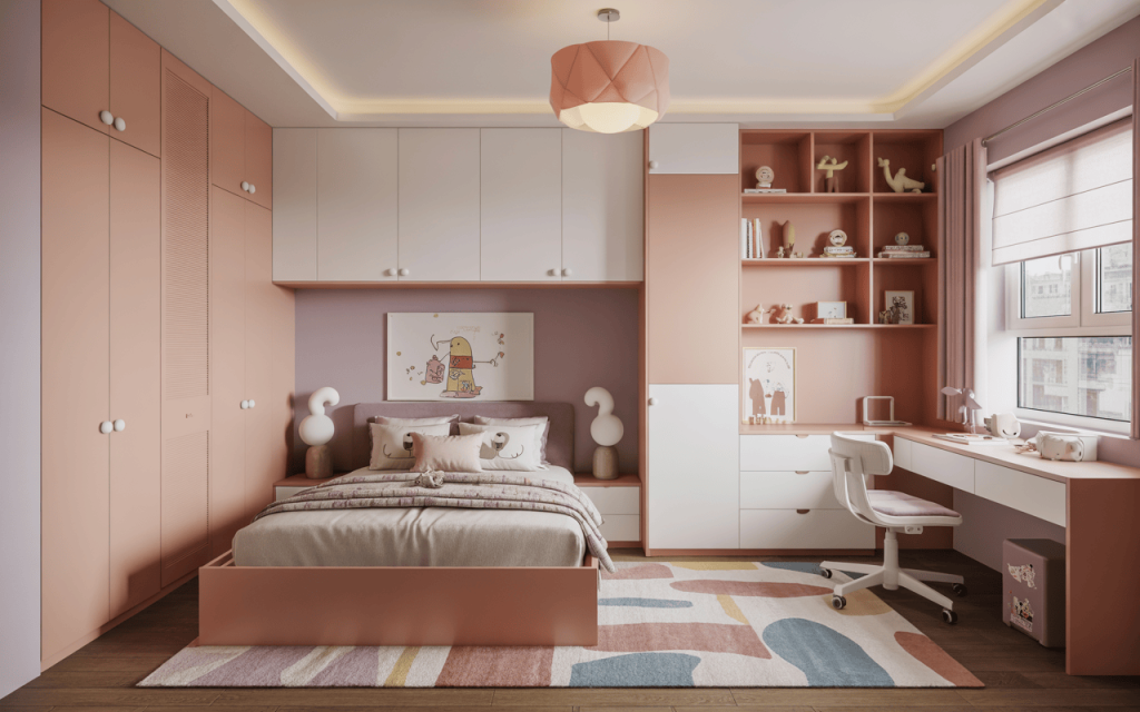 Modern simple kids bedroom design with pastel storage cabinets and functional study desk