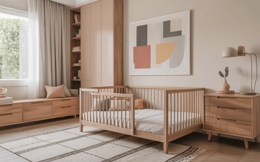 Modern simple kids bedroom design with wooden crib, pastel storage and cozy decor setup