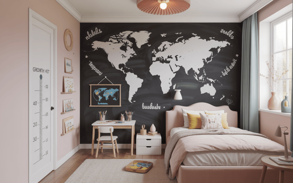 Creative simple kids bedroom design with world map feature wall and modern pastel furniture