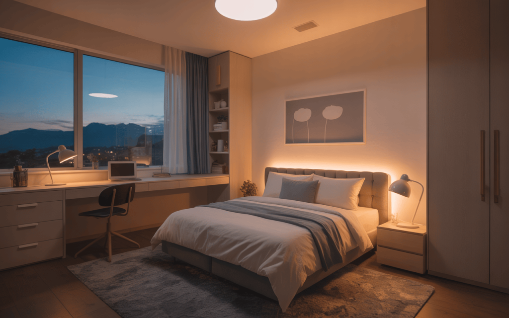 Modern simple kids bedroom design with cozy study desk and warm night lighting setup