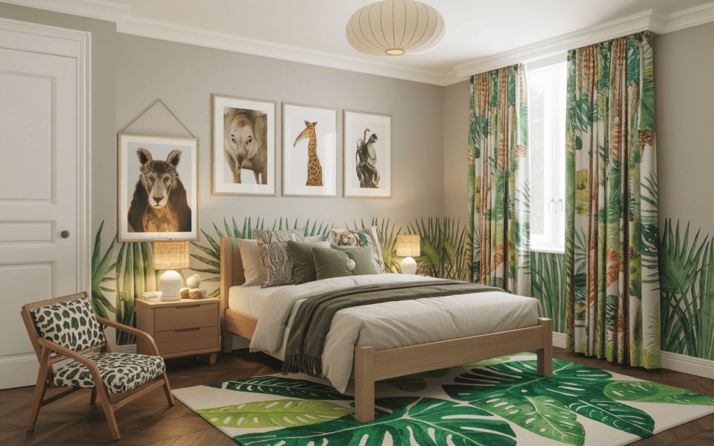 Nature inspired simple kids bedroom design with jungle wallpaper and modern wooden furniture