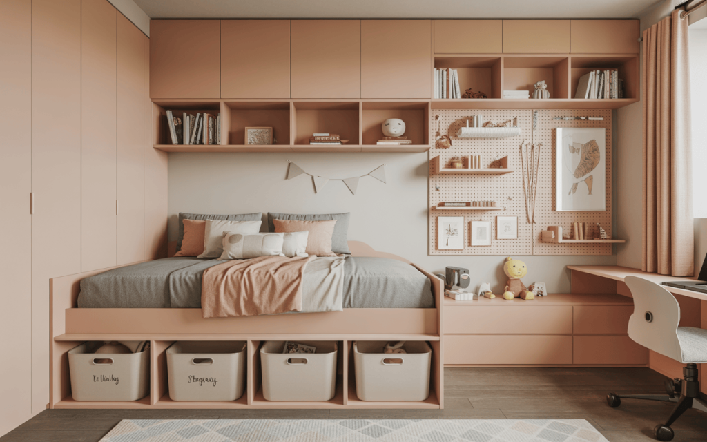 Space saving simple kids bedroom design with modern storage bed and pastel stylish interiors