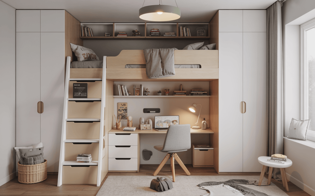 Smart simple kids bedroom design with space saving loft bed and modern study furniture