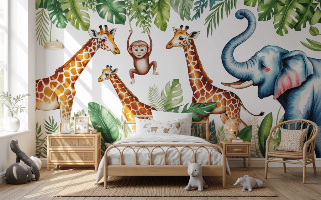 Playful wallpaper design for kids bedroom with colourful jungle safari animal theme