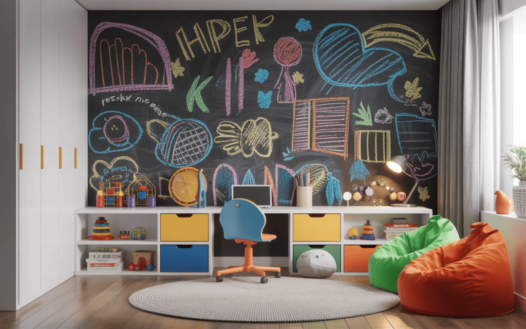 Interactive wallpaper design for kids bedroom with colourful chalkboard drawing creativity theme