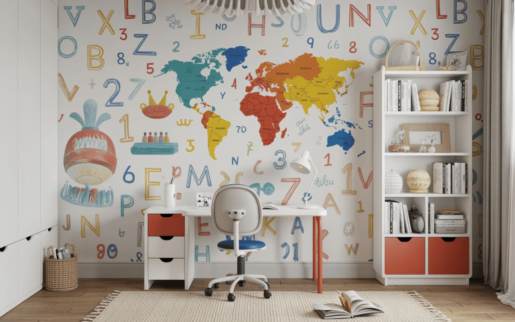Educational wallpaper design for kids bedroom with colourful alphabets numbers and world map theme