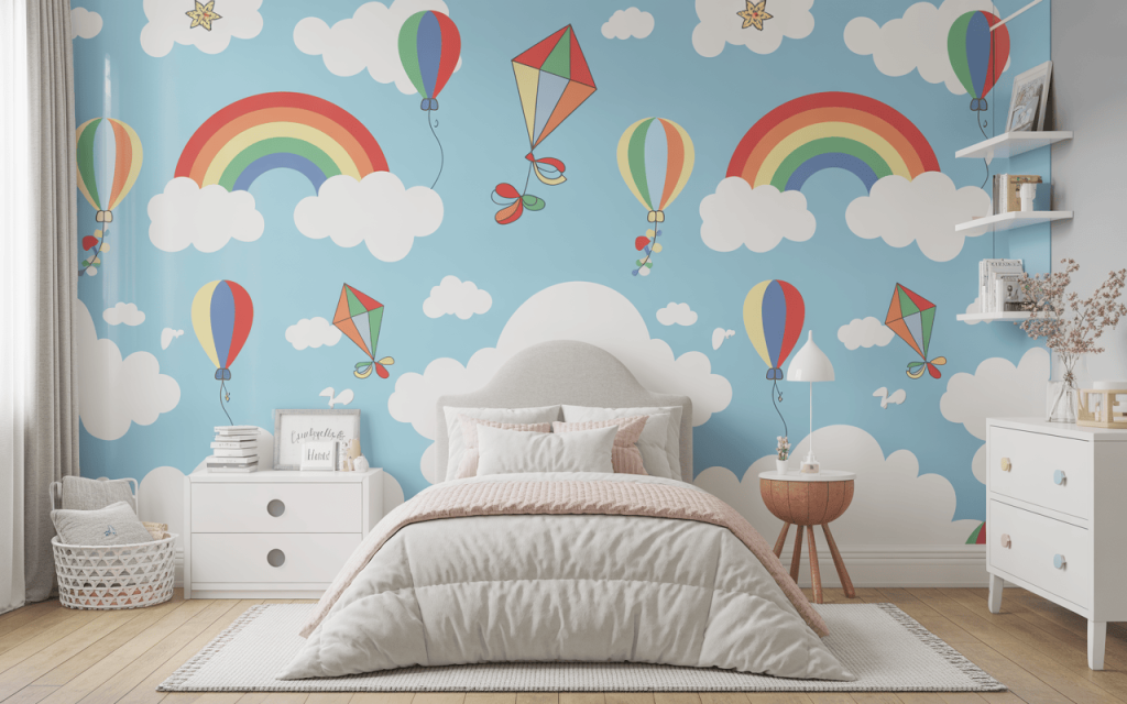 Playful wallpaper design for kids bedroom with colourful sky rainbow balloons and kites theme