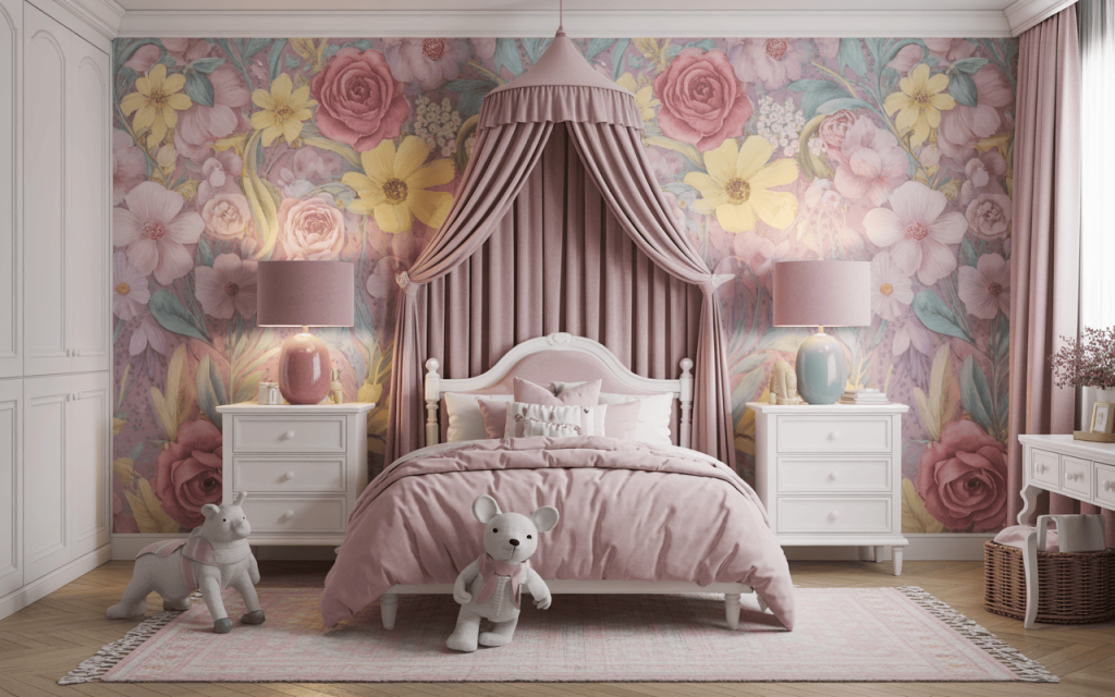 Elegant wallpaper design for kids bedroom with cute pastel floral stylish pink theme