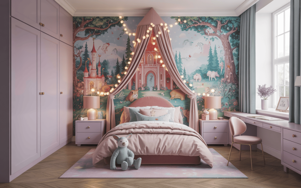 Charming wallpaper design for kids bedroom with cute pastel fairy tale castle theme