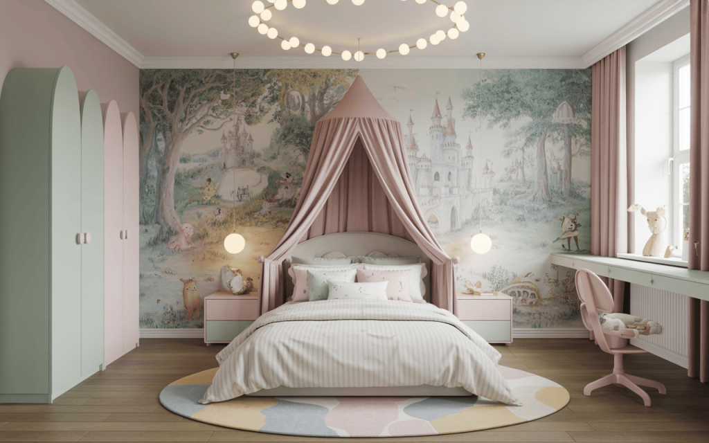 Whimsical wallpaper design for kids bedroom with pastel fairytale castle stylish dreamy theme