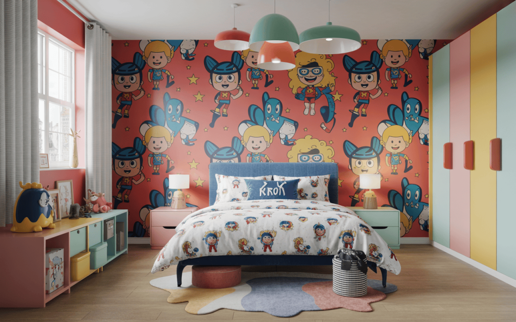 Fun wallpaper design for kids bedroom with colourful superhero cartoon stylish red theme