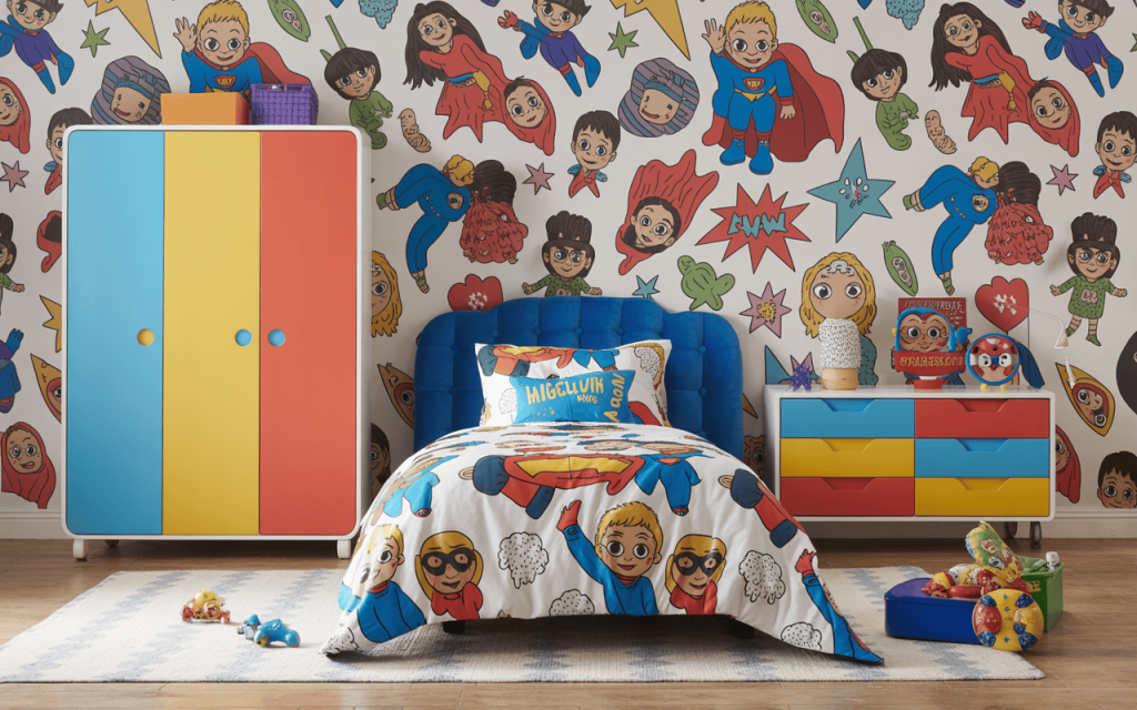 Vibrant wallpaper design for kids bedroom with colourful superhero cartoon stylish theme