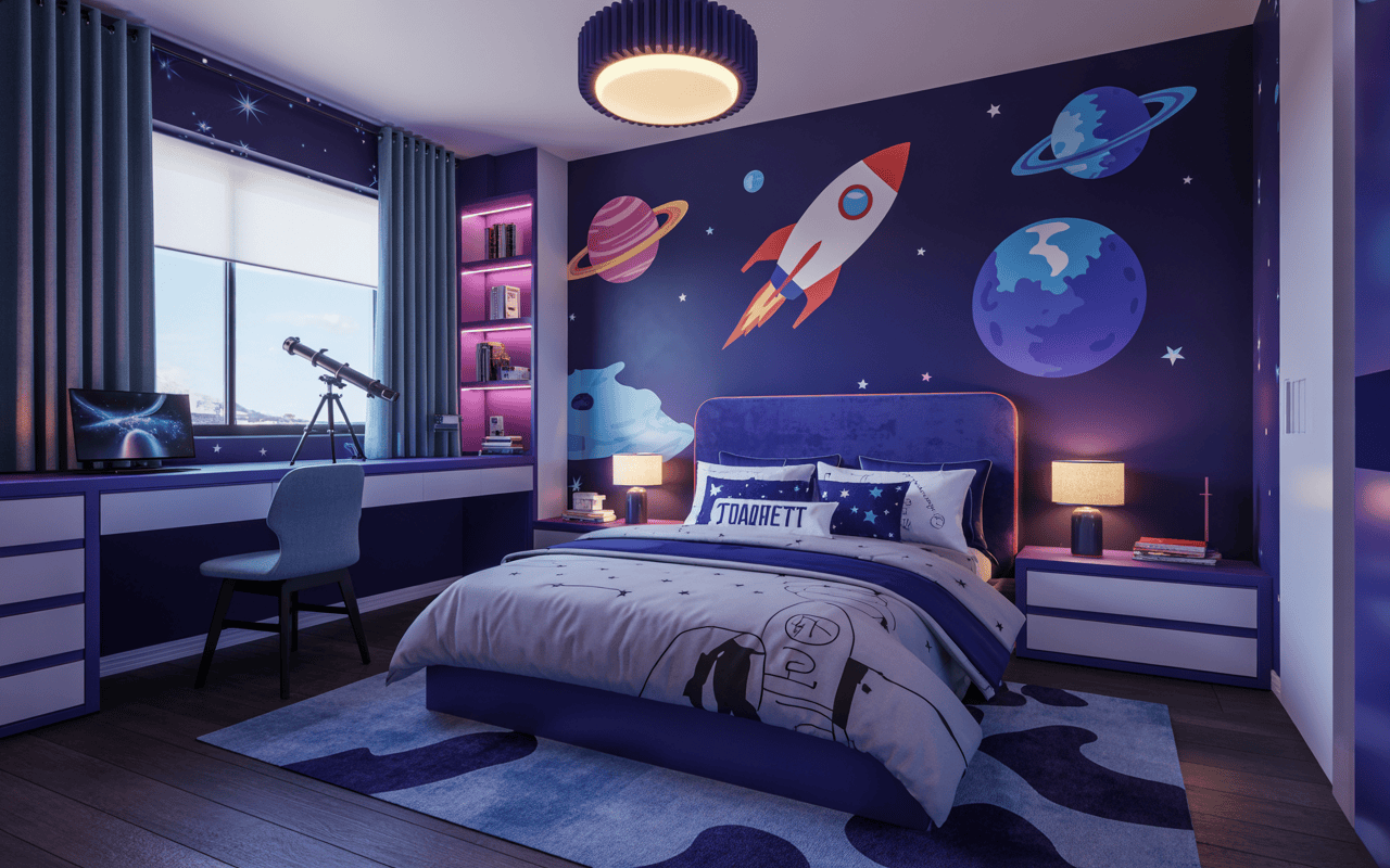 Stylish wallpaper design for kids bedroom with colourful space rocket and planets