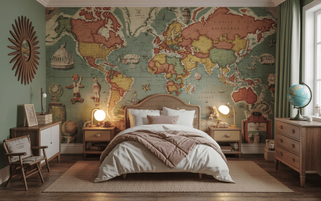 Classic wallpaper design for kids bedroom with vintage world map stylish educational theme