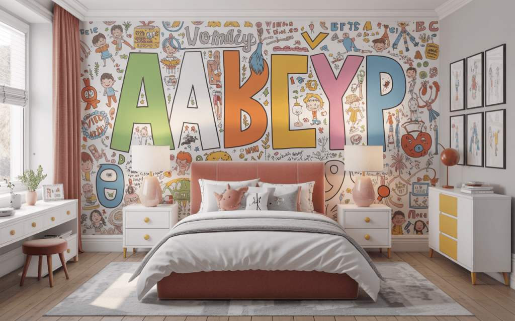 Playful wallpaper design for kids bedroom with colourful alphabet letters and cartoon theme
