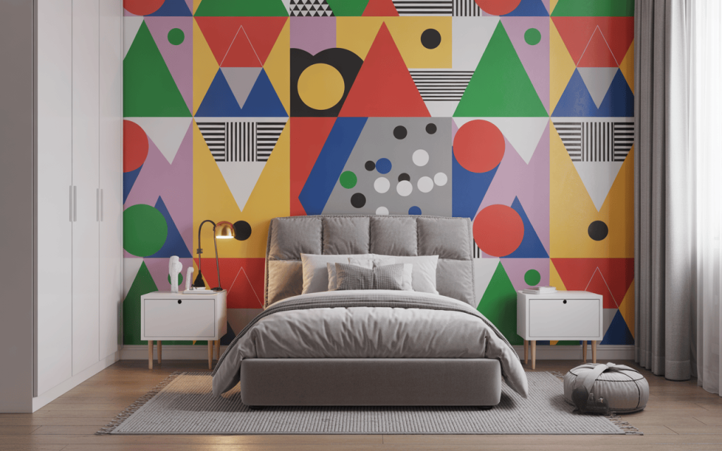 Modern wallpaper design for kids bedroom with colourful geometric stylish creative theme