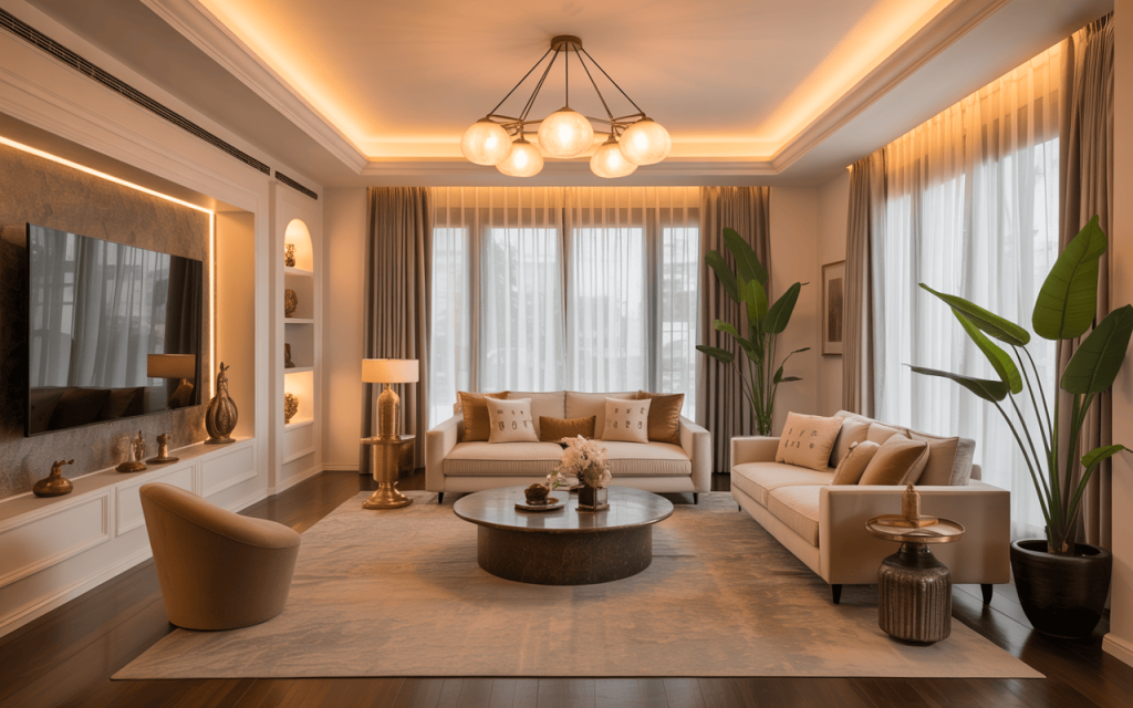 Warm-toned pop ceiling design for living room with elegant ambient lighting