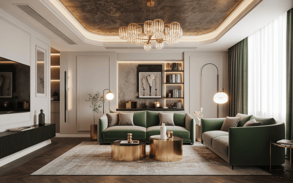 Elegant best pop design for living room with gold-lit ceiling and green accents