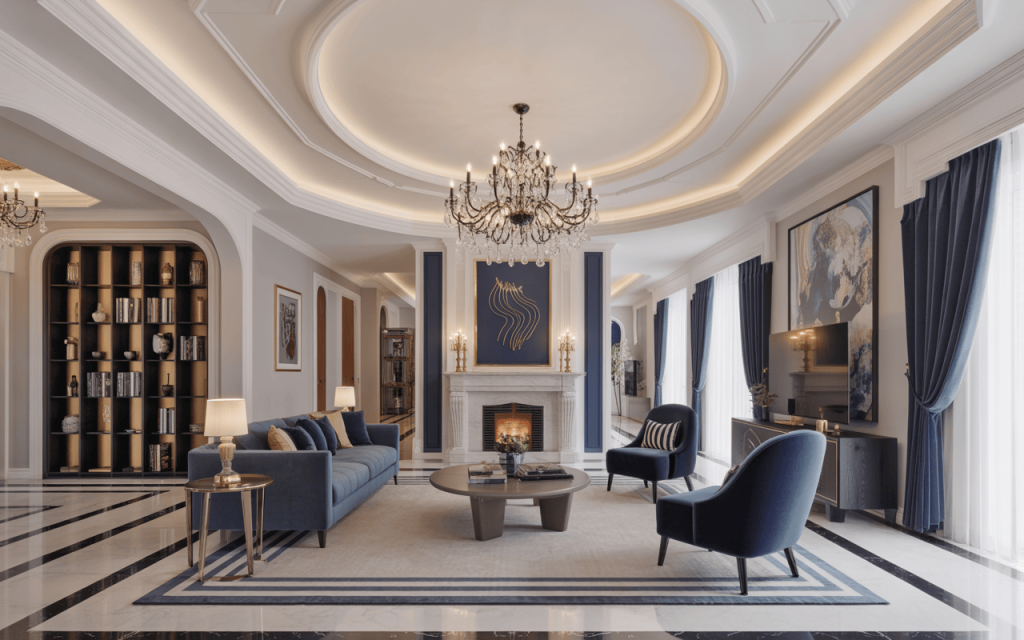 Luxurious living room pop design for hall with grand ceiling and chandeliers