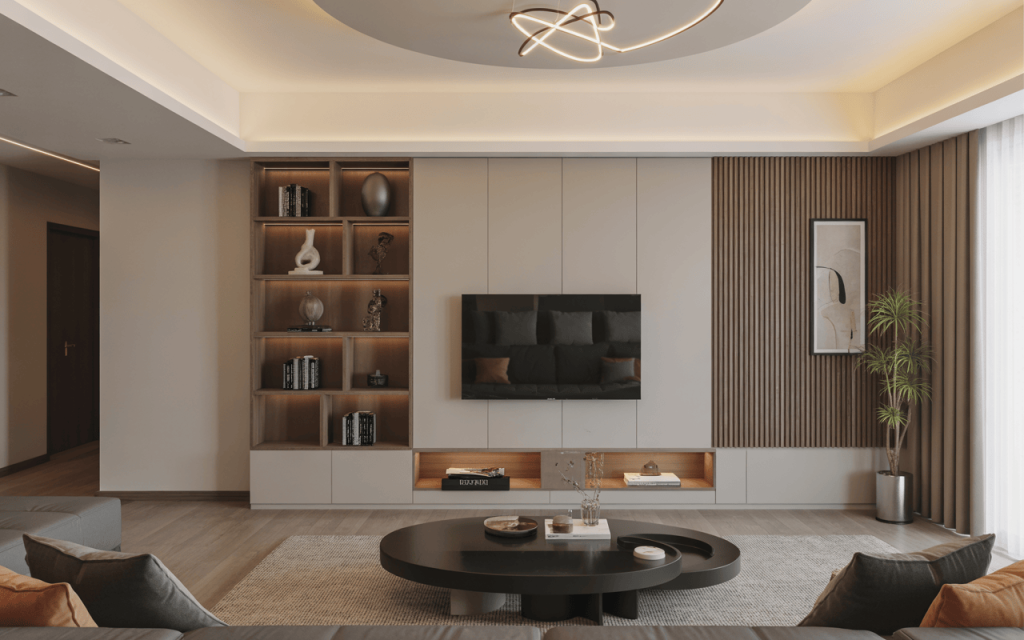 Minimal pop false ceiling design for living room with warm lights and modern décor