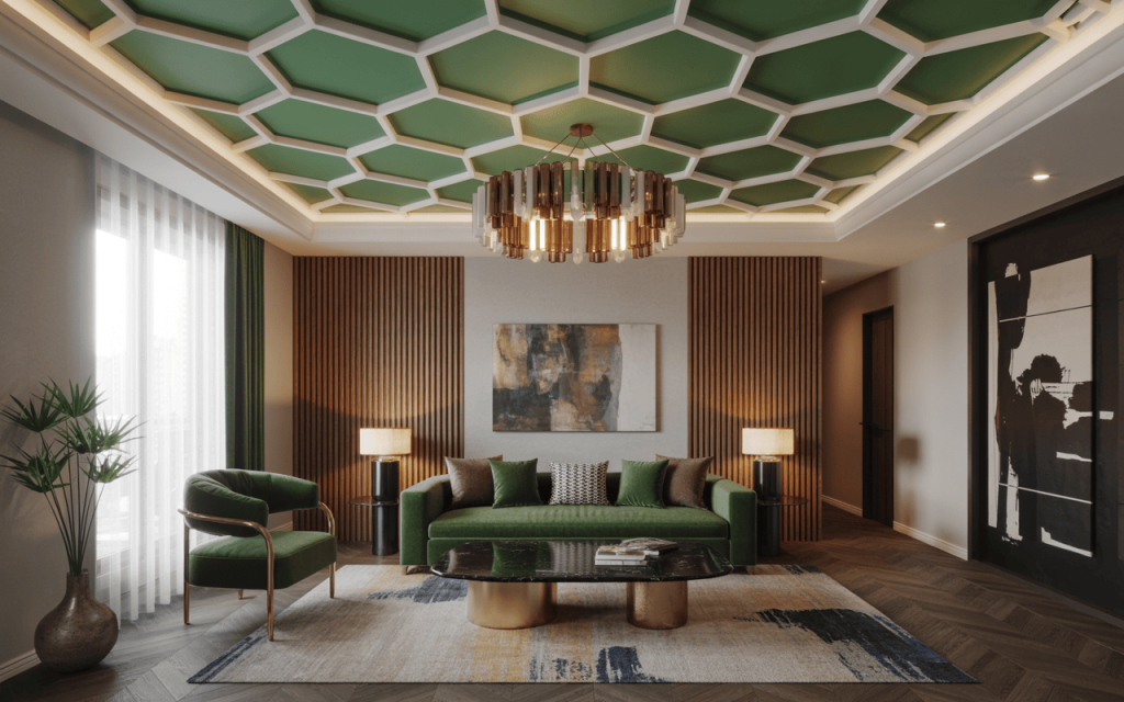 Vibrant modern pop design for living room with green honeycomb ceiling panels