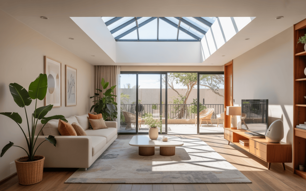 Bright simple pop design for living room with skylight and indoor-outdoor flow