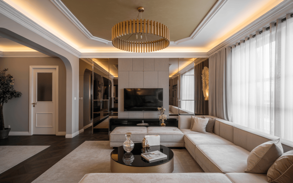 Elegant pop ceiling design for living room with ambient lighting and gold chandelier