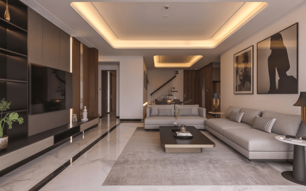 Contemporary simple pop design for living room with recessed warm lighting