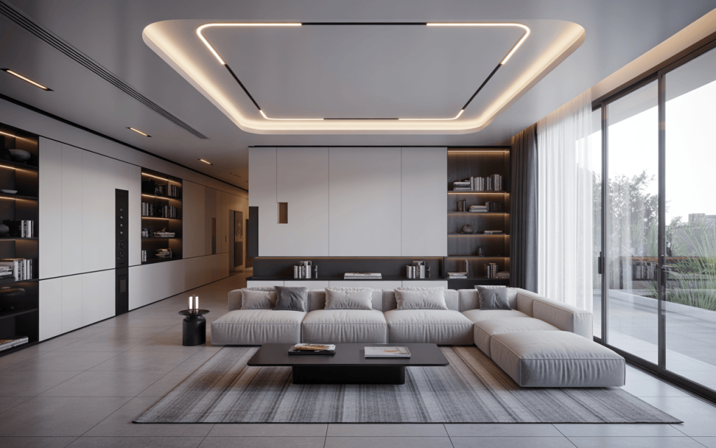 Stylish modern pop design for living room with sleek lighting and modular layout