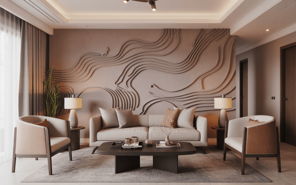 Artistic pop wall design for living room with elegant curves and soft lighting