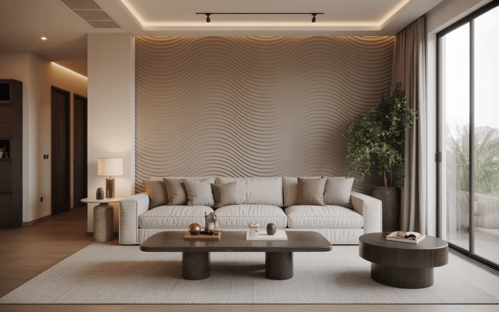 Minimalist pop wall design for living room with soft wave textures and lighting