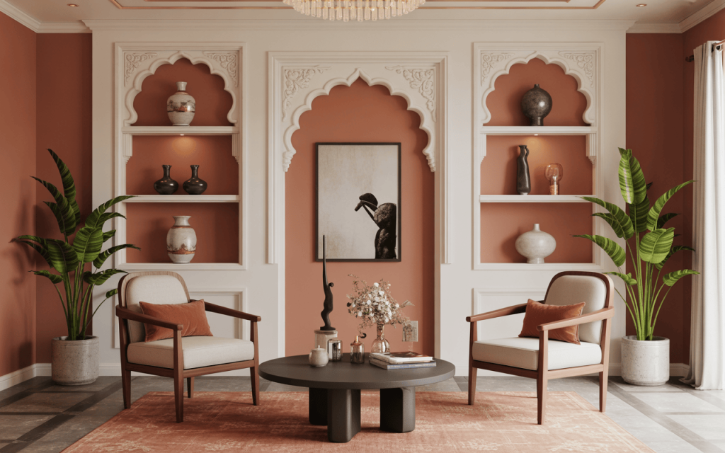 Traditional pop wall design for living room with arched niches and decor pieces