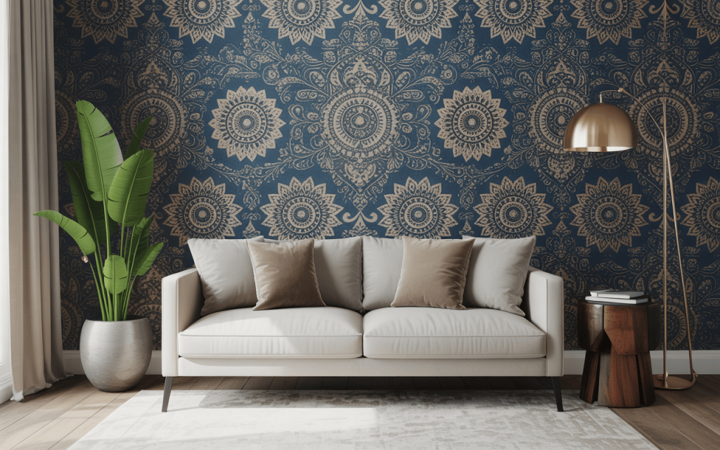 Mandala classy wallpaper designs for living room with blue and gold intricate patterns