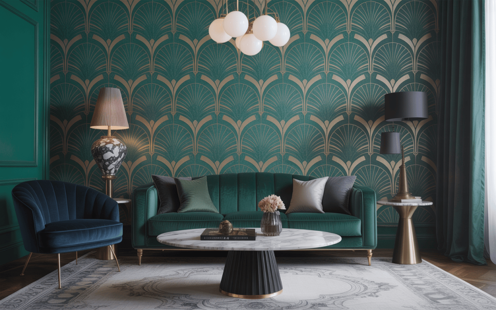 Art-deco classy wallpaper designs for living room in green and gold accents