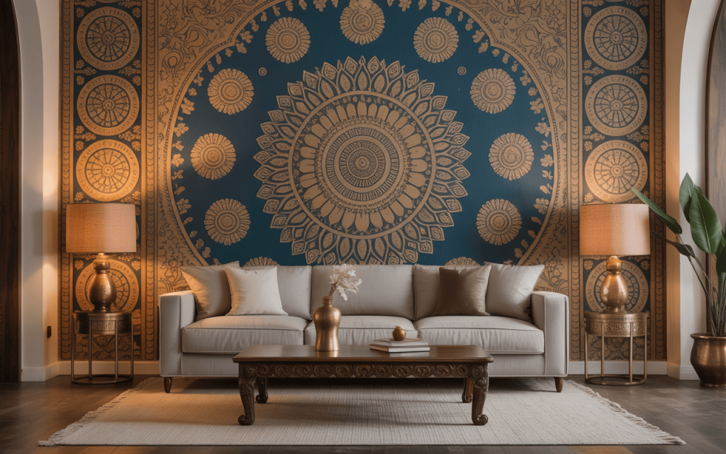 Mandala luxury 3d wallpaper for living room in gold and deep blue statement design