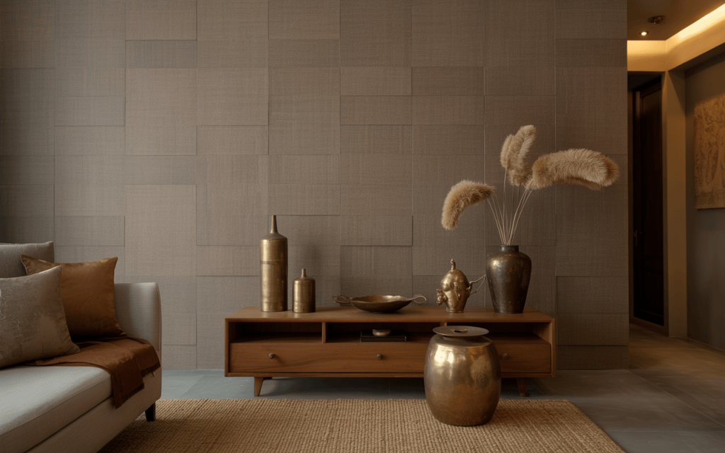 Textured contemporary wallpaper for living room with earthy tones and décor accents