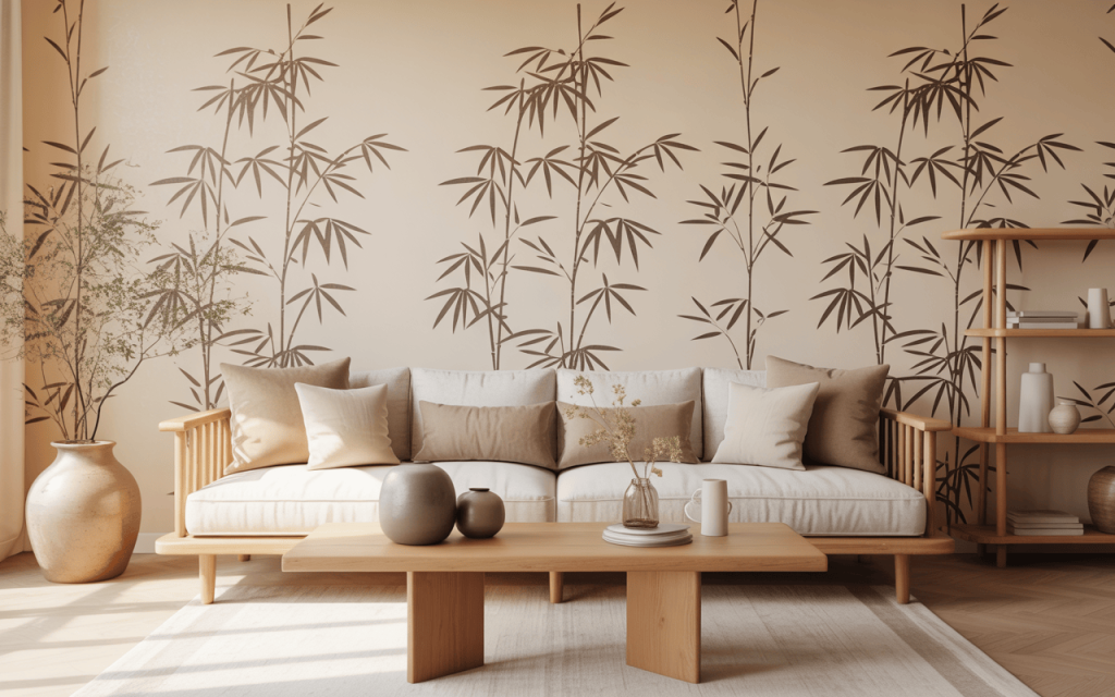 Bamboo inspired living room wallpaper ideas with natural earthy tone design