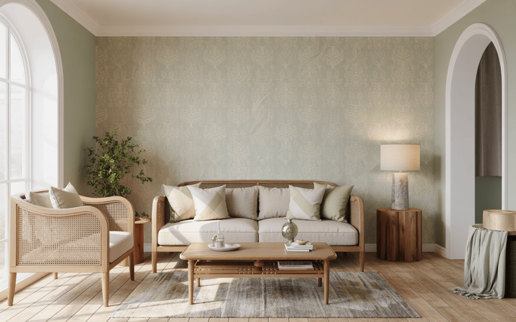 Natural living room wallpaper decor ideas with soft earthy tones and wooden accents